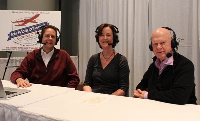 Robert and Mary Carey and Rudy Maxa on set of their podcast