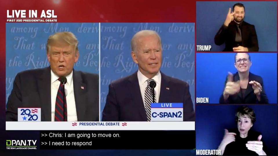 A screenshot of the first debate broadcast. Three ASL  interpreters are next to Biden and Trump.